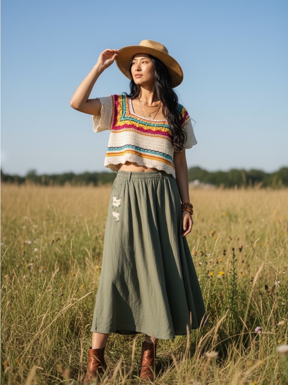 POL Crochet Crop Top Large Multicolor Boho Square Neck Festival